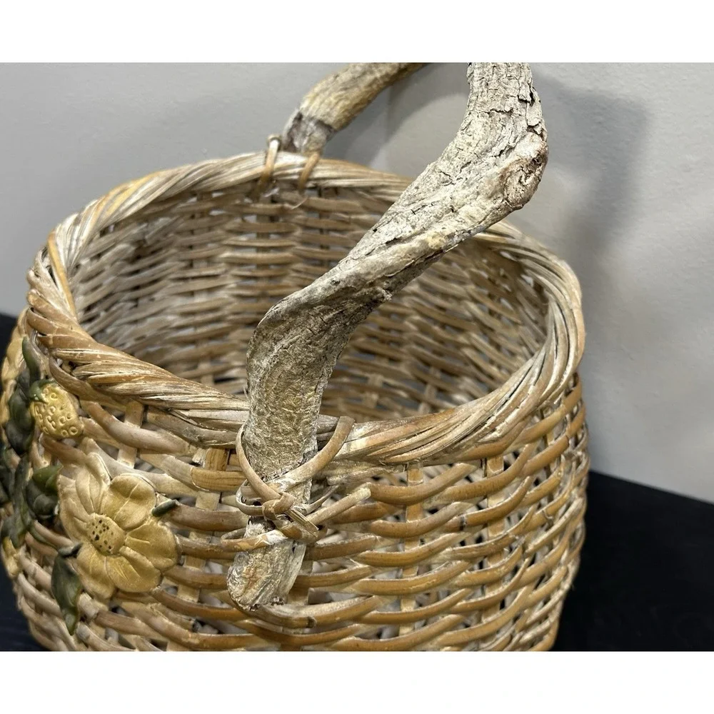 Vintage Wicker Basket Twig Handle 3D Yellow Flower Boho Cottagecore Gathering